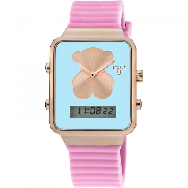 Reloj digital I-Bear de acero IP rosado con correa de silicona rosa
